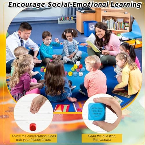 Hanaive 12 Pcs Learning Conversation Cubes Social Emotional Learning Activities Family Dice Game Speech Therapy for Kids Teacher Family Classroom (Wood)