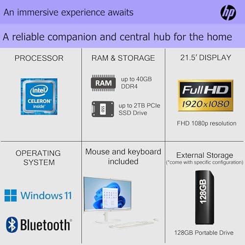 HP Business All-in-One Desktop| 22" Full HD Display| Intel Dual-core Processor| 16GB RAM| 512GB PCIe SSD| 128GB External Drive & Microsoft Office Trial| KB&Mouse| HDMI&USB-C| WiFi6| Windows 11 Pro