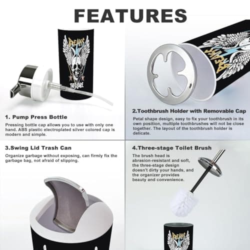 Bathroom Accessories Set 6 Pcs Break Silence Slogan Skull Wings Rock Style Toothbrush Holder Cup Soap Dispenser Soap Dish Toilet Brush Holder Trash Can for Countertop Decor