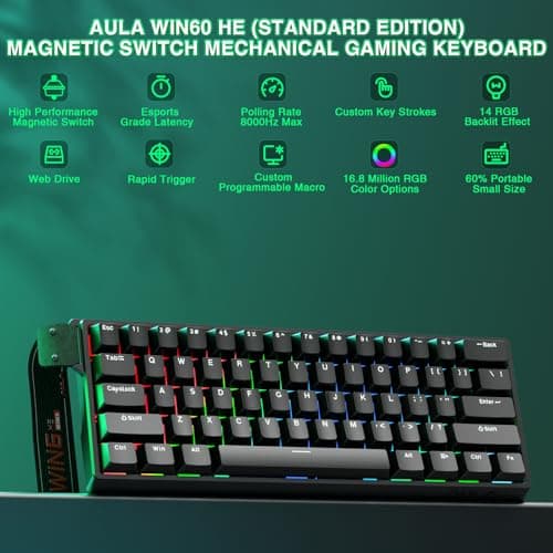 Aula WIN60 HE - 60% Mechanical Gaming Keyboard Wired, Magnetic Switch Hot Swappable, Adjustable Actuation Rapid Trigger Mode, 8000 Hz Polling Rate, RGB Small Keyboard 60 Percent Compact Design for PC