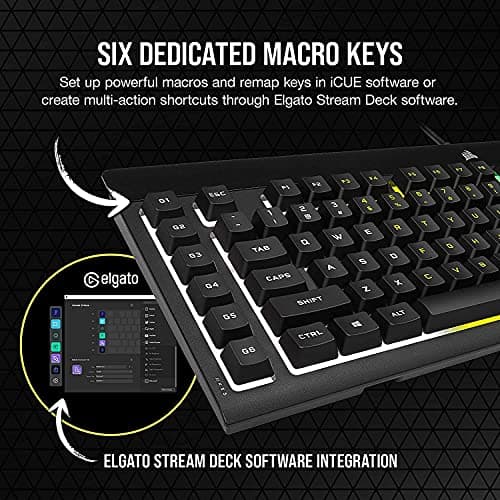 Corsair K55 RGB PRO Membrane Wired Gaming Keyboard – IP42 Dust and Spill-Resistant – 6 Macro Keys with Elgato Integration – iCUE Compatible – QWERTY NA – PC, Mac, Xbox – Black