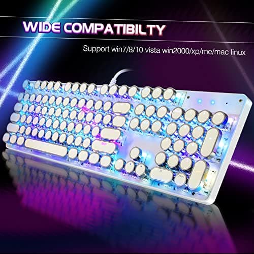 Typewriter Style Mechanical Gaming Keyboard RGB Backlit Wired with Blue Switch Retro Round Keycap 104 Keys Keyboard (White 104 Keys RGB)