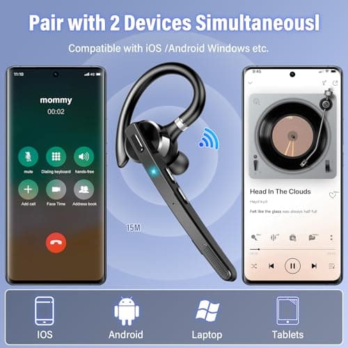 Bluetooth Headset, Wireless Bluetooth 5.3 Earpiece, 90Hrs Hands Free Headset with APTX HD Audio & Mute Button, Dual Noise Cancelling Mics, Single-Ear Headphone for Trucker/Business/Office/Gym