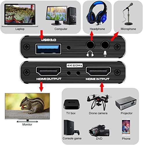 DIGITNOW Audio Video Capture Card,4K HDMI USB 3.0 Capture Adapter Video Converter 1080P 60fps Portable Capture Device for Video Game Recording Live Streaming Broadcasting,Support PS4 Xbox One Camera
