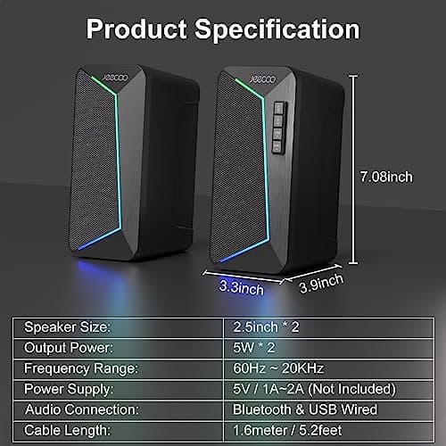 Jeecoo M30 Bluetooth Computer Speakers, PC Gaming Speakers for Desktop with Crisp Stereo Sound, Dynamic LED Modes, Easy-Access Control, 10W - USB-Powered