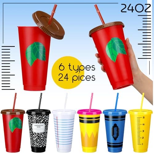 Rtteri 24 Pcs Back to School Reusable Plastic Coffee Cups in Bulk 24 oz Reusable Teacher Appreciation Cups Tumbler with Lids and Straws First Day of School Party Favors Gift for Classroom Supplies