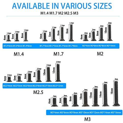 720pcs Laptop Notebook Screws Set,Replacement Computer Screws Kit,M1.4,M1.7,M2,M2.5,M3 countersunk Flat Head Phillips Mini Screw Set for Electronic Repair.