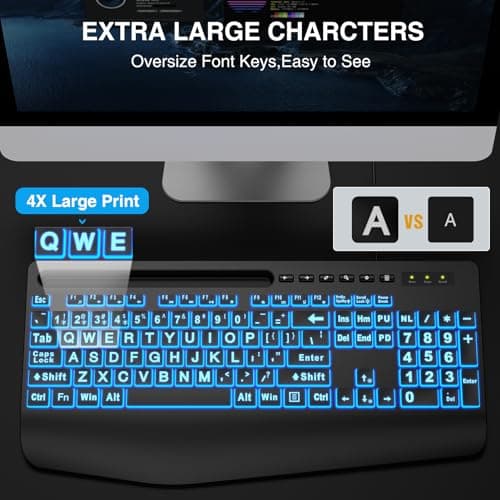 SABLUTE Large Print Backlit Keyboard, Wired USB Computer Keyboards with 7-Colors Backlight, Wrist Rest, Phone Holder, Oversized Letter Keys Easy to See and Type for Laptop, PC, Windows, Black