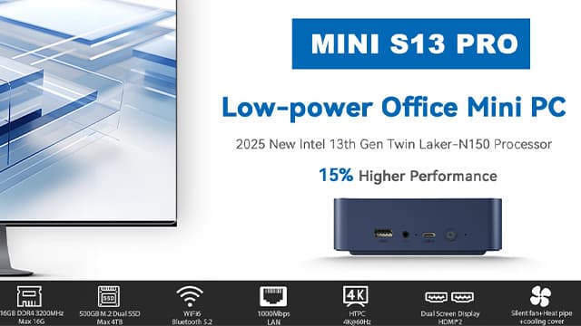 Beelink Mini S13 Mini PC,13th Intel Twin Lake-N150 (up to 3.6GHz, Upgraded N100), 16GB DDR4 1TB M.2 SSD, Mini Desktop Computer Support 4K Dual Display/USB 3.2/WiFi 6/BT 5.2 for HTPC/Office/Business
