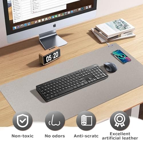 Wireless Charging Mouse Pad Firelison 2 in 1 Leather Multifunctional Office Desk Pad with Non-Slip Rubber Base, Waterproof Desk pad for Computers/Office/Work/Home/Decor（ 36" x 17"Grey - R）