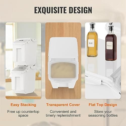 VEVOR Ingredient Storage Bin, 2 x 15L Dispenser Bin with 2 Measuring Cups, Attachable Casters and Airtight Lid, 2 Pcs/Set Dog Pet Food Storage Container, PP Material Kitchen Rice Cereal Flour Bin