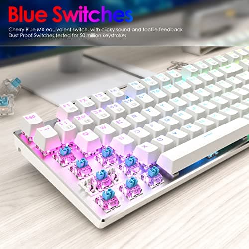 HUO JI E-Yooso Z-88 RGB Mechanical Gaming Keyboard USB Wired, Customizable RGB Backlit, Blue Switches - Clicky, Metal Panel, 104 Keys for Mac, PC, Silver+White
