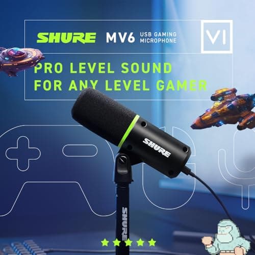 Shure MV6 Gaming Microphone, Dynamic USB PC Mic for Video Games & Streaming - Desktop Stand, Background Noise Cancellation, Tap-to-Mute & 3.5mm Output for Real-Time Headphone Monitoring