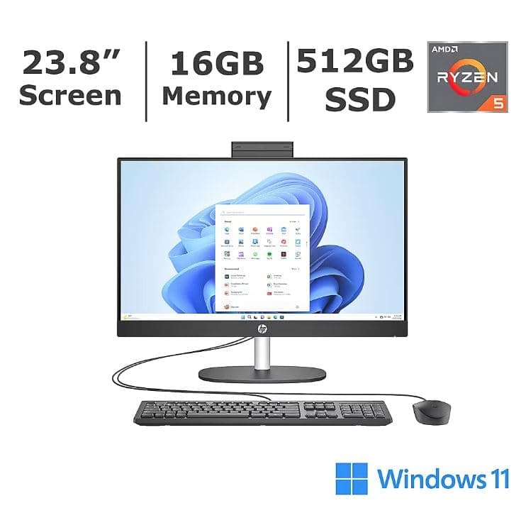 HP All-in-One Desktop PC, 23.8-inch FHD Touchscreen, AMD Ryzen 5 7520U, AMD Radeon Graphics, 16GB RAM, 512GB SSD, Camera, Windows 11 Home, Jet Black, Wired Keyboard and Mouse Included, 24-cr0111