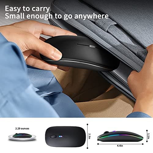 Wireless Bluetooth Mouse – Rechargeable, Silent, Dual Mode (Bluetooth 5.2 & USB) with LED Lights – Portable for Laptop, Desktop, & Tablet(Black)