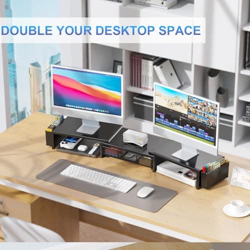 gianotter Dual Monitor Stand Riser, Desk Organizer With Drawer and 2 Pen Holders, Computer Monitor Stand, Desk Shelf for Top of Desk, Balck