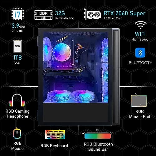 STGAubron Gaming PC Computer Desktop, Intel Core i7 up to 3.9G, GeForce RTX 2060 Super 8G, 32G Ram, 1TB SSD, WiFi, BT 5.0, RGB Fan x6, RGB BT Sound Bar & Headset Mic, Windows 10 Home