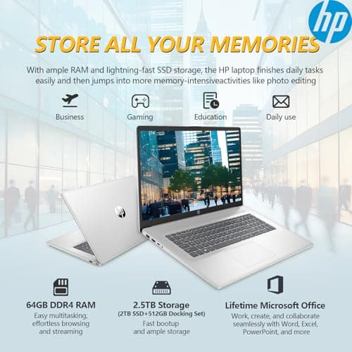 HP 2025 17.3 Touch Screen Laptop PC, 17 Inch Laptop Touchscreen, AMD Ryzen 5(6-Cores), 64GB RAM 2.5TB Storage (2TB SSD+512GB Docking Set), Windows 11 Pro Lifetime Office, 10-Key Number Pad