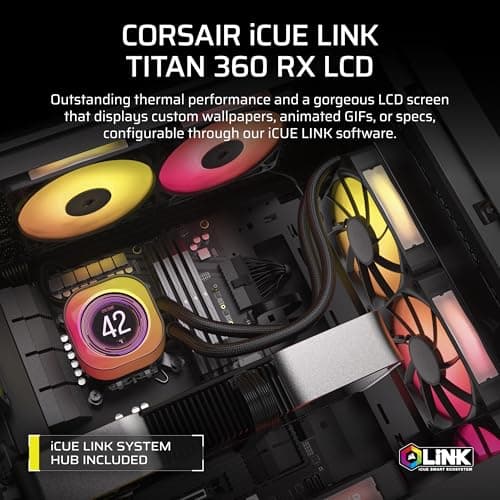 CORSAIR iCUE Link Titan 360 RX LCD Liquid CPU Cooler – 360mm AIO – Low-Noise – FlowDrive Cooling Engine – Intel LGA 1851/1700, AMD AM5/AM4 – 3X RX120 RGB Fans – iCUE Link System Hub Included – Black