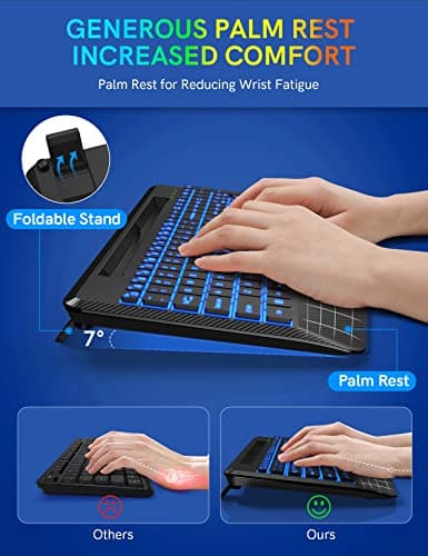 Wireless Keyboard with 7 Colored Backlits, Wrist Rest, Phone Holder, Rechargeable Ergonomic Computer Keyboard with Silent Keys, Full Size Lighted Keyboard for Windows, MacBook, PC, Laptop (Black)