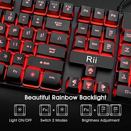Rii Gaming Keyboard and Mouse Set, 3-LED Backlit Mechanical Feel Business Office Keyboard, Colorful Breathing Backlit Mouse for Working or Primer Gaming, Office Device (RK108)