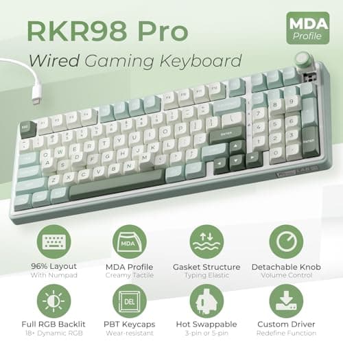 RK ROYAL KLUDGE R98 Pro Creamy Mechanical Keyboard, 96% Wired Gaming Keyboard RGB Backlit with Number Pad and Volume Knob, Gasket Mount, MDA Profile PBT Keycaps, Hot Swappable Pre-lubed Tactile Switch