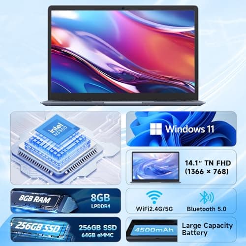 14 Inch Laptop-Computer, Intel Celeron N3350 (Up to 2.4GHz), 6GB LPDDR4 RAM 320GB Storage, WI-FI 5, BT5.0, HD Camera, 34Wh Battery, Windows 10 Laptop for Home & Study, Lightweight