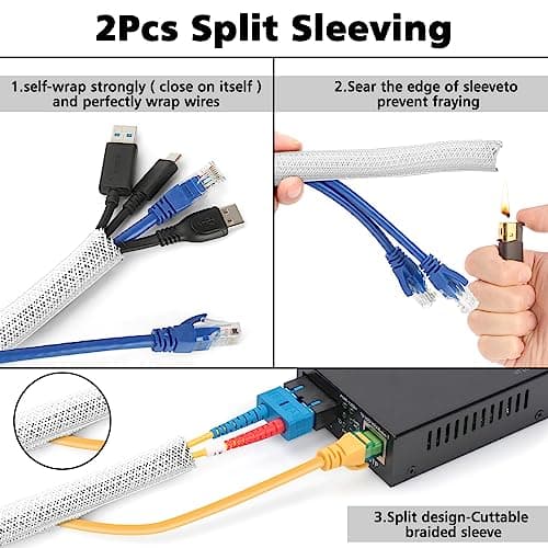 White Cable Management Organizer Kit, 2 Wire Sleeve Protector, 41 Self Adhesive Cable Clips Holder, 10pcs+2 Roll Reusable Cable Ties and 100 Cable Zip Ties for TV Computer Cord Tidy Under Desk