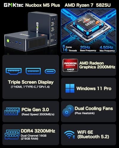 GMKtec Mini PC AMD Ryzen 7 5825U (Turbo 4.5GHz) Dual NIC 2.5G Gaming Desktop Computers 16GB DDR4 512GB SSD Dual LAN 2.5G/ WiFi 6E, USB3.2, USB-C, BT 5.2, DP, HDMI, Dual Fan