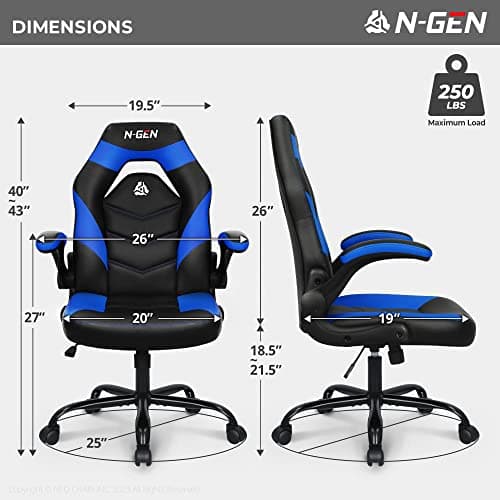 N-GEN Video Gaming Chair Ergonomic Computer Desk Office Chair with Lumbar Support Adjustable Height Swivel Wheels Flip-Up Arms PU Leather Home and Office (Blue)