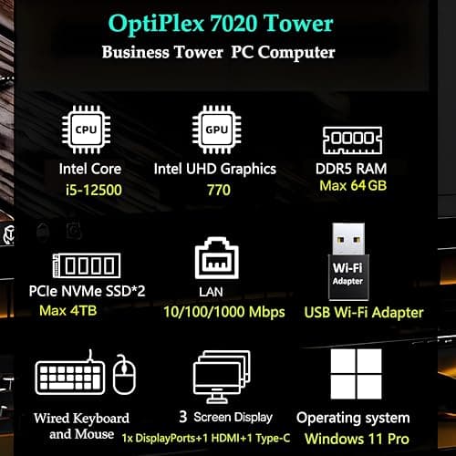 Dell OptiPlex 7020 Desktop Computer, 7000 Tower Dekstop PC, Intel Hexa-Core i5-12500 (Beat i7-11700), 32GB DDR5 RAM, 1TB PCIe SSD, DVDRW, USB WiFi Adapter, RJ-45, HDMI, DisplayPort, Windows 11 Pro