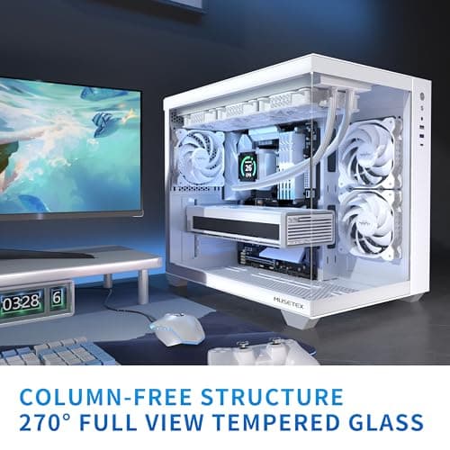 MUSETEX ATX PC Case, 360MM RAD Support, 3 x 120mm Non-ARGB Fans Pre-Installed, 270° Full View Tempered Glass Gaming PC Case with Type-C, Mid Tower ATX Computer Case, White, Y6