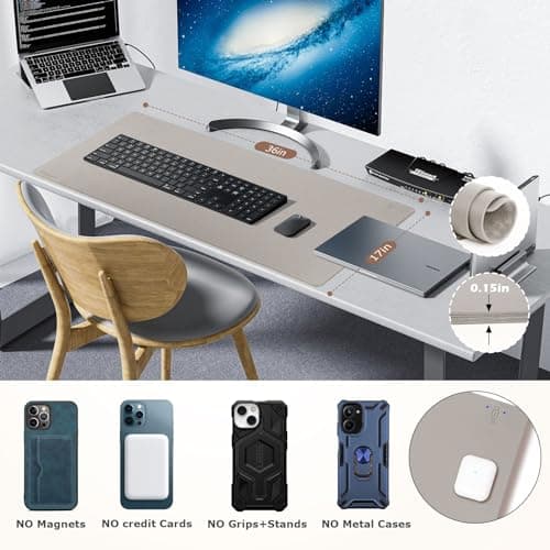 Wireless Charging Mouse Pad Firelison 2 in 1 Leather Multifunctional Office Desk Pad with Non-Slip Rubber Base, Waterproof Desk pad for Computers/Office/Work/Home/Decor（ 36" x 17"Grey - R）
