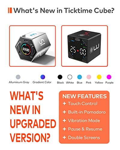 Pomodoro Timer Cube, Productivity Timer, Pause & Resume, Silent, Vibrate & Adjustable Sound Alert, for ADHD, Task, Work, Study, 1/3/5/10/15/25/45/60min & Custom Countdown, Black
