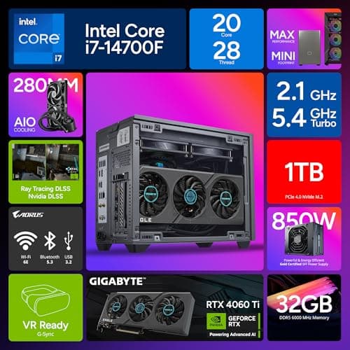 Cooler Master NR2 Pro Mini ITX – Intel i7-14700F 2.1GHz (5.4GHz Turbo) | Gigabyte RTX 4060 Ti 8GB & B760I AORUS PRO | 32GB DDR5 6000MHz | 1TB Gen4 M.2 | WiFi | Windows 11 | 280mm AIO Gaming PC