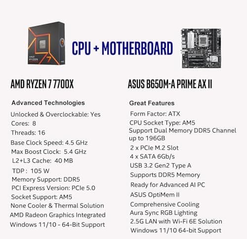 MICRO CENTER AMD Ryzen 7 7700X CPU Processor with ASUS Prime B650M-A AX II Micro ATX Motherboard