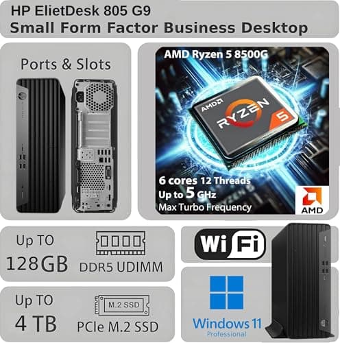 HP ElietDesk 805 G9 SFF Business Desktop Computer, AMD Ryzen 5 8500G, 32GB DDR5, 1TB PCIe SSD, Radeon 740M Graphics, Dual 4K Display Support, USB-C, HDMI, RJ-45, Wi-Fi, Wired KB & Mouse, Win11 Pro