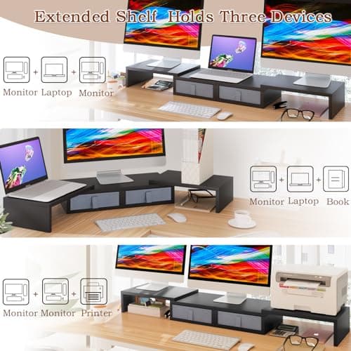 TEAMIX Wood Dual Monitor Stand Riser with Drawers-Length and Angle Adjustable Triple Monitor Stand with Storage Large Computer Riser for 2/3 Monitors/Laptops/PC/Printers