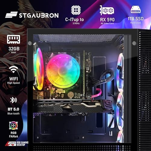 STGAubron Gaming PC Computer Desktop, Intel Core i7 up to 3.9G, Radeon RX 590 8G, 32G RAM, 1T SSD, 600M WiFi, BT 5.0, RGB Fan x 4, Windows 10 Home