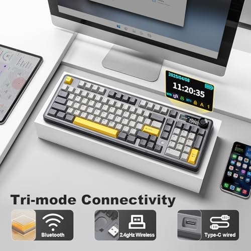 AJAZZ AK980 Wireless Keyboard with Smart Display & Knob,98% Mechanical Keyboard Tri-Mode BT/2.4G/USB-C, Hot Swappable, PBT Keycaps, with RGB Light for Win & Mac(Black,Murad Switch)