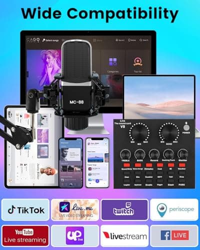 Podcast Equipment Bundle, All-in-One Audio Interface with Studio Condenser Microphone Perfect for Podcasting, Recording, Singing, Streaming and Gaming, PC, Smartphone, YouTube, TikTok (V8)