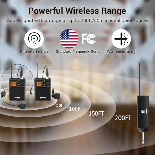 TONOR UHF Wireless Microphone System with Dual Headset Microphones/Lavalier Lapel Mics, Bodypack Transmitters, Mini Rechargeable Receiver, 2x15 Channels 200ft Range, for Recording Speech PA Speaker