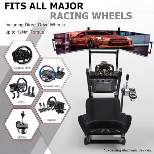 Supllueer 8040 Aluminum Racing Simulator Cockpit with 3 Monitor Stand and Black Seat,Universal and adjustable Cockpit, Compatible with Logitech/Thrustmaster/Fanatec/Moza Direct Drive Motors Wheels