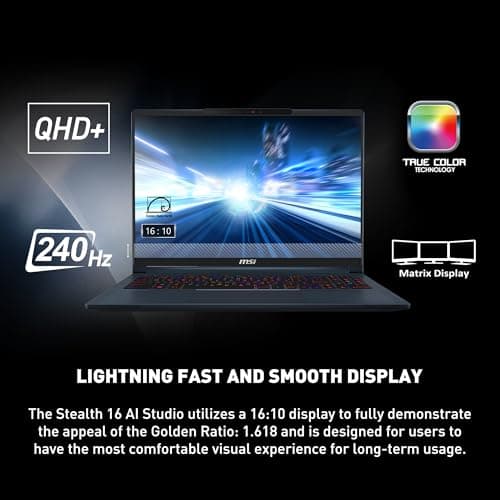 MSI Stealth 16 AI Studio 16” 240Hz QHD+ Gaming Laptop: Intel Core Ultra 9, NVIDIA Geforce RTX 4060, 32GB DDR5, 1TB NVMe SSD, Thunderbolt 4, Cooler Boost Trinity+, Win 11 PRO: Star Blue A1VFG-028US