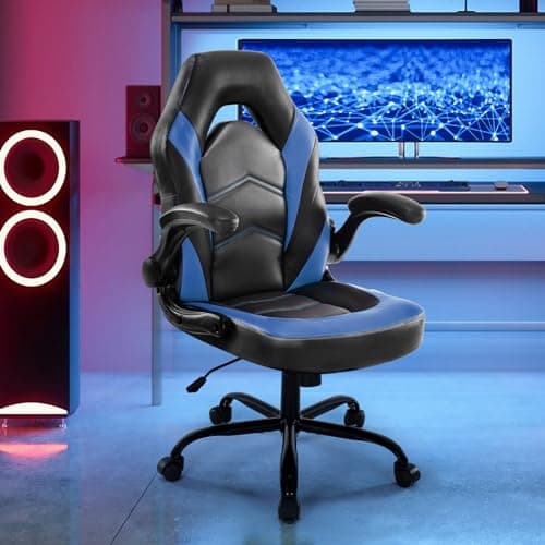 DUMOS Ergonomic Computer Gaming Chair - Home Office Desk with PU Leather Lumbar Support, Height Adjustable Big and Tall Video Game with Flip-up Armrest, Swivel Wheels for Adults and Teens