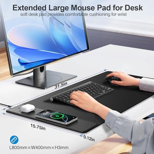 Wireless Charging Mouse Pad, 31.5"x15.8" Large Gaming Desk Mat with 15W Fast Charging, Ultra-Smooth Surface, Non-Slip Base, Waterproof Mousepad Keyboard Pad for PC, MacBook, Laptop, Black