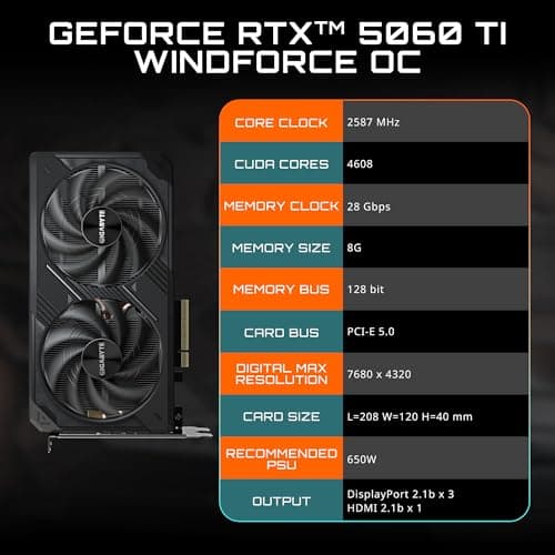 GIGABYTE GeForce RTX 5060 Ti WINDFORCE OC 8G Graphics Card, 8GB 128-bit GDDR7, PCIe 5.0, WINDFORCE Cooling System, GV-N506TWF2OC-8GD Video Card