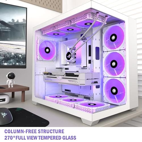 ANSAITE PC CASE ATX 9 PWM ARGB Fans Pre-Installed, Mid-Tower Gaming PC Case, Panoramic Tempered Glass White Computer Case with Type-C,360mm Radiator Support,W9