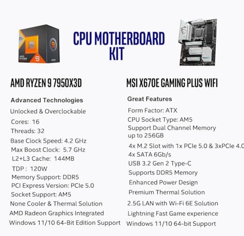 Micro Center AMD Ryzen 9 7950X3D CPU Processor with MSI X670E Gaming Plus Motherboard, AM5 Socket, DDR5, PCIe 5.0, WiFi 6E