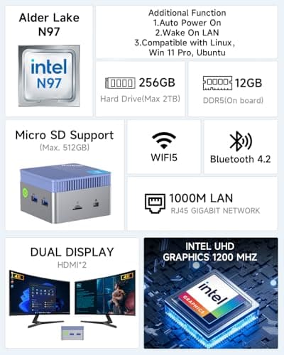 GMKtec Mini PC, G5 Micro Desktop Computer, 12th Gen Intel Alder Lake N97 (up to 3.60GHz) 12GB DDR5 256GB Hard Drive for Business, School, Office Sky Blue